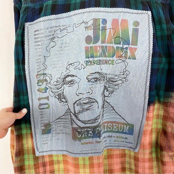 Jimi Hendrix Plaid Flannel Shirt Mens XL Unisex Bleached Handmade Green Blue - Picture 6 of 12